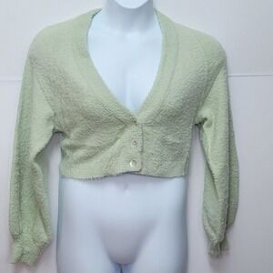 Women's Fuzzy Crop Cardigan Bell Sleeves V-Neck Sweater Green XS  SoftGirl Y2K